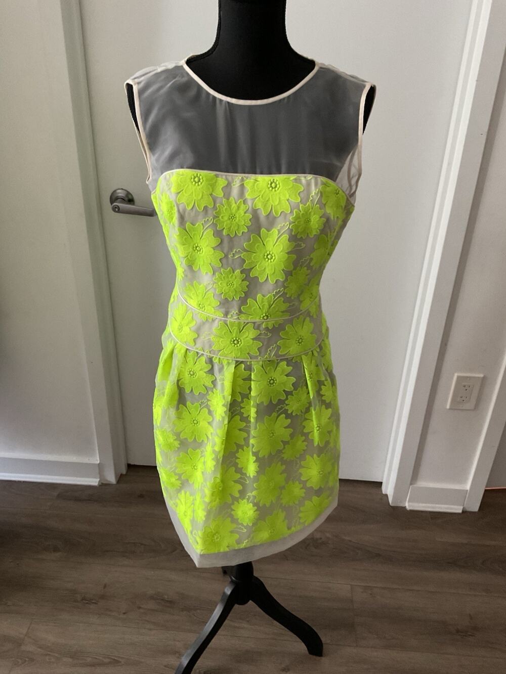 Karen Mullen Neon Green And Nude Floral Illusion Dress - Uk 14 / Us 10